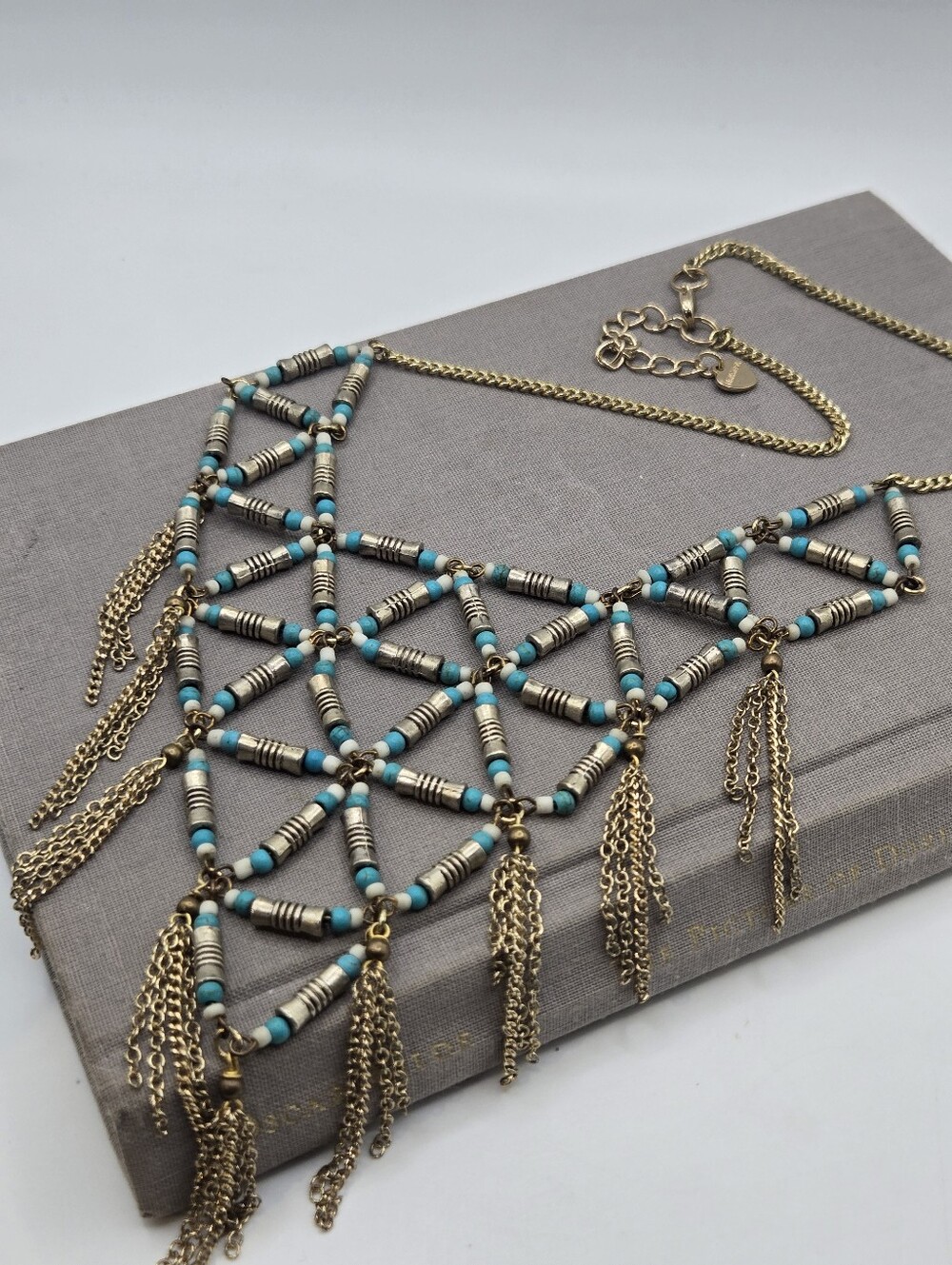 Silver/Gold Tone AB Chainmail Link Net Necklace Chain Fringe Geometric Turquoise
